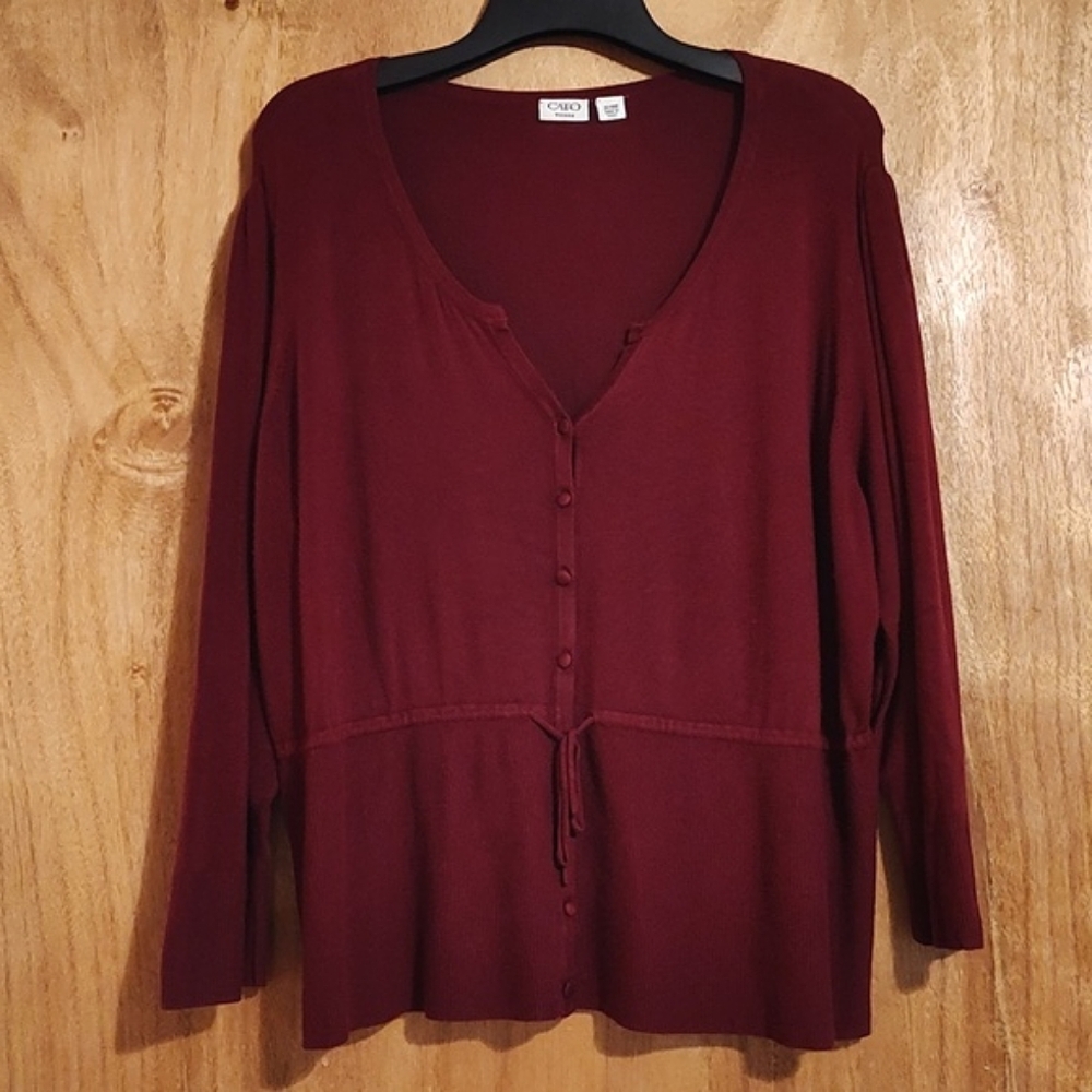 NWOT Cato Split Neck Button Front Cardigan Burgundy Drawstring Waist 26/28W